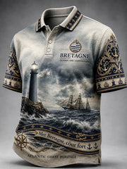 Polo décontracté pour homme, imprimé nautique représentant un phare breton vintage