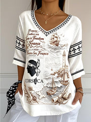 T-shirt femme en coton-lin, décontracté et tendance pour l’été, avec imprimé français corse et col en V