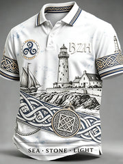 Polo décontracté blanc pour homme, imprimé phare, style breton