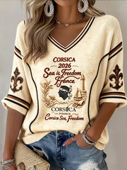 T-shirt décontracté à col en V pour femme, collection 2026, style rétro français et corse, avec impression 3D