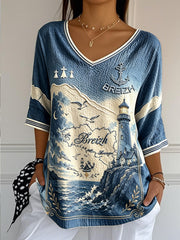 Femmes Bleu Profond Dégradé Français Bretagne Imprimer Cool D'été Coton-Lin V-cou T-shirt