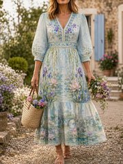 Robe décontractée en coton-lin pour femme, motif floral à l’aquarelle française