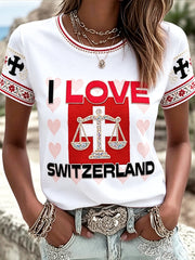 T-shirt Décontracté Femme Blanc Drapeau Suisse Fête Nationale Cœur Imprimé