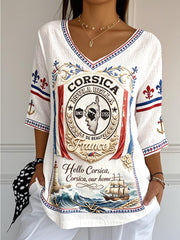 T-shirt femme blanc à col en V, décontracté et tendance, en coton-lin, imprimé 3D d’inspiration corse