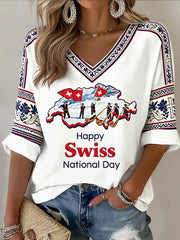T-shirt décontracté à col en V imprimé fête nationale suisse pour femmes