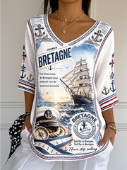 T-shirt femme blanc en coton-lin, col en V, à imprimé breton français, décontracté et tendance