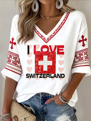 T-shirt décontracté femme blanc imprimé fête nationale suisse à col en V