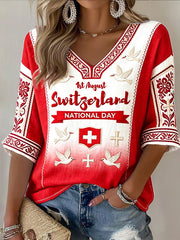 T-shirt à col en V décontracté pour femmes avec imprimé dégradé de la fête nationale du drapeau suisse