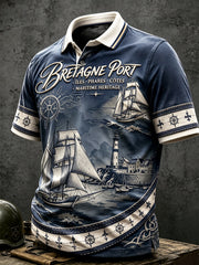 Polo décontracté pour homme, style marin breton, imprimé nautique, bleu foncé vintage