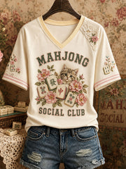 T-shirt amusant pour femmes avec motif de mahjong et chat