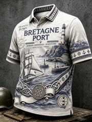 Polo décontracté pour homme, style marin breton, imprimé nautique, blanc vintage