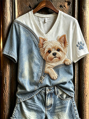 T-shirt manches courtes à imprimé denim Peeking Yorkshire Terrier pour femme