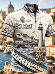 T-shirt décontracté à manches courtes pour homme, style rétro avec imprimé marin et fermeture éclair