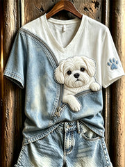 T-shirt à manches courtes Peeking Maltese Dog Unzipper Denim Print Femme