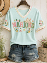 T-shirt amusant pour femmes avec motif de mahjong et chat