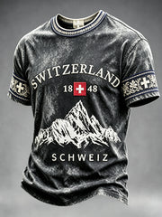 T-shirt décontracté imprimé de la fête nationale drapeau suisse noir vintage pour hommes