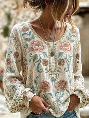 Chemise femme en coton-lin à col rond, imprimée d’un motif floral Calssy