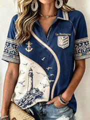 Polo femme à col en V, imprimé patchwork breton