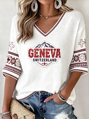 T-shirt décontracté à col en V pour femmes, blanc, imprimé de la fête nationale suisse
