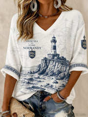 T-shirt femme à manches mi-longues et col en V, imprimé France Normandie