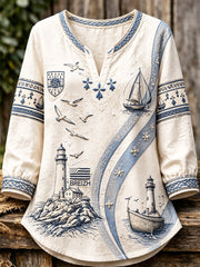 T-shirt femme léger à manches longues, en coton et lin, col en V, imprimé Bretagne, style décontracté