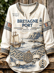 T-shirt femme en coton-lin léger à manches longues, col en V, imprimé marin breton français