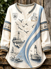T-shirt femme beige à col en V, en coton-lin léger, à manches longues, imprimé Bretagne française