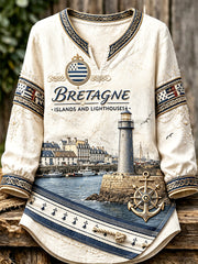 T-shirt femme en coton-lin léger à manches longues, col V, imprimé port breton français