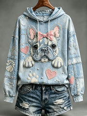 Sweat à capuche rose à nœud pour femme, motif bouledogue français