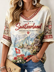 T-shirt décontracté à col en V à imprimé illustré de la fête nationale suisse rétro pour femmes