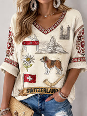 T-shirt à col en V décontracté imprimé mignon de la fête nationale suisse pour femmes