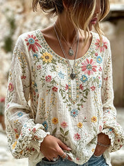 Chemise femme en coton-lin à col rond, imprimée d’un motif floral Calssy