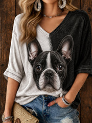 T-shirt femme mignon à manches mi-longues et col en V, motif Boston Terrier