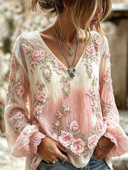 Chemise femme élégante en coton-lin, imprimé floral dégradé, col en V