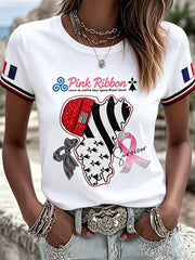 T-shirt Décontracté Femme Blanc Style Breton Cancer Du Sein