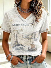 T-shirt femme à col en V imprimé Normandie, France