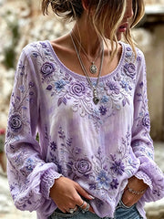 Chemise femme élégante en coton-lin, col rond, imprimé floral violet