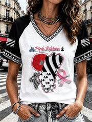 Femmes Français Bretagne Breast Cancer Red Hat Print Casual V-cou T-shirt