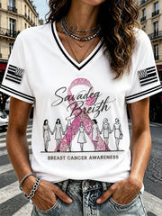 T-shirt décontracté à col en V pour femmes French Breton Breast Cancer Print