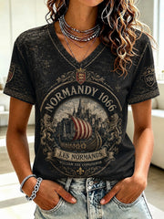 T-shirt à col en V imprimé France Normandie Femme