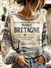 Haut en coton et lin léger rétro à imprimé festival celtique de Lorient français pour femme