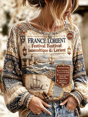 Femmes Rétro Français Lorient Celtic Festival Imprimer Léger Coton-Lin T-shirt