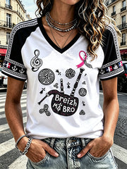 Femmes Blanc Français Bretagne Cancer Du Sein Patchwork Imprimer Casual V-cou T-shirt