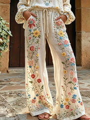 Pantalon femme élégant en coton et lin à imprimé floral