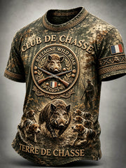 T-shirt décontracté à imprimé français chasse au sanglier pour hommes
