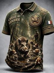 Polo décontracté imprimé vintage de chasse sanglier français vert pour homme