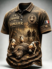 Polo décontracté à imprimé vintage pour hommes, chasse au sanglier français