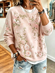 Sweatshirt décontracté imprimé floral rose pour femme