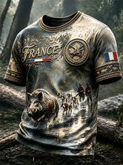 T-shirt décontracté imprimé de la saison de chasse au sanglier français pour hommes