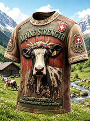 T-shirt décontracté imprimé 3D pour hommes rétro Swiss Alps Cattle Herding